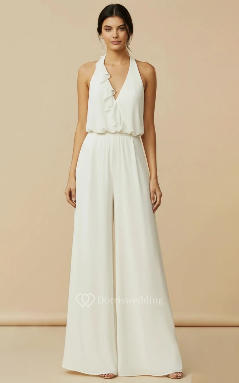Ruffle V-Neck Pleated Wedding Jumpsuit