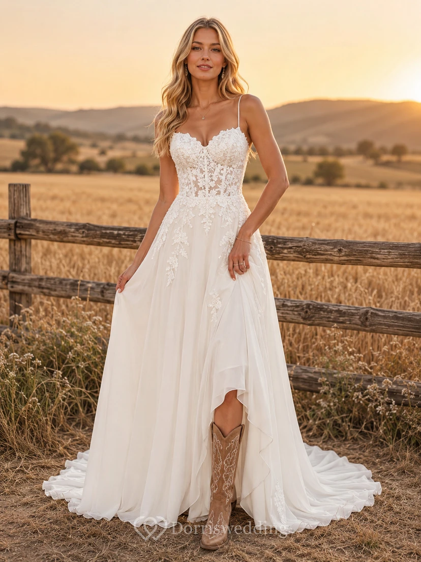 Spaghetti Strap Country Wedding Dress with V-Neck Lace and Chiffon Split Skirt