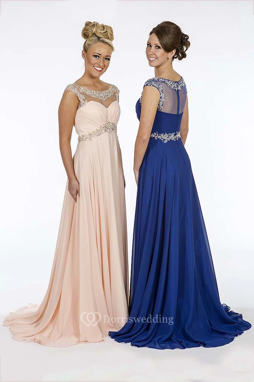 A-Line Beaded Empire Long Scoop Cap-Sleeve Chiffon Prom Dress With Waist Jewellery And Ruching view 5