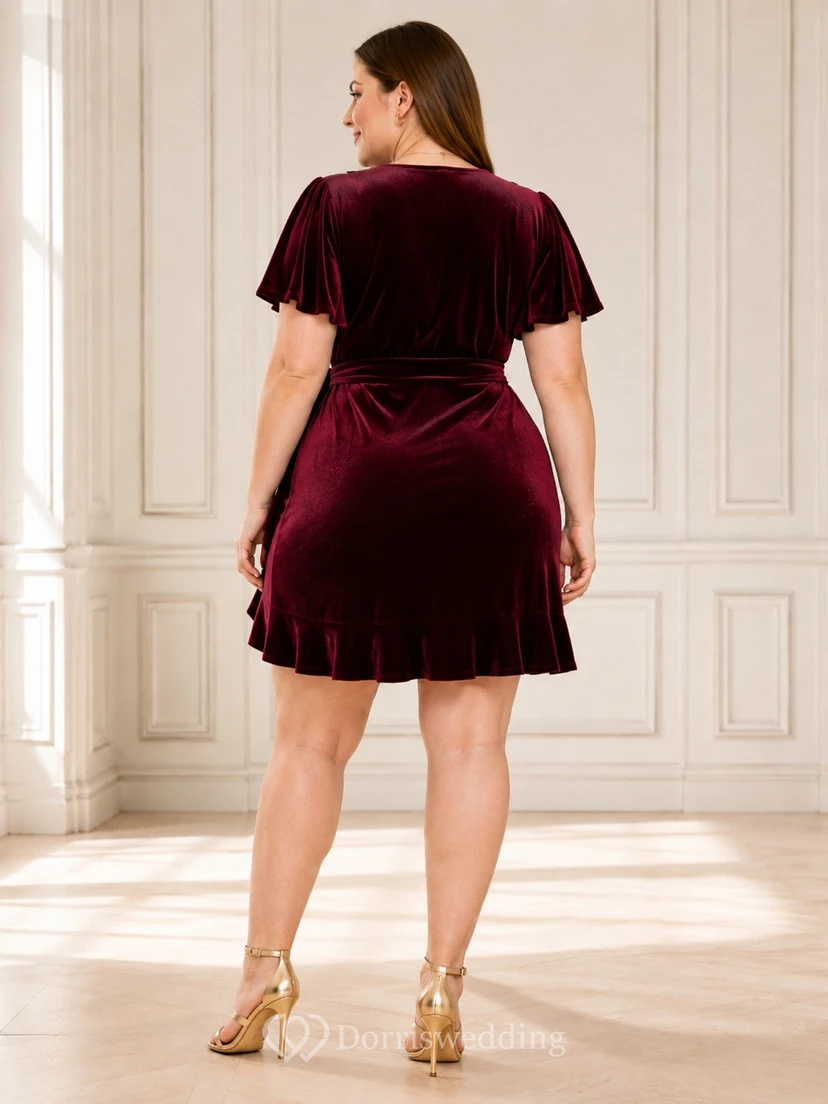 Robe de cocktail grande taille en velours bordeaux froncé, coupe fourreau portefeuille, manches courtes, idéale pour les fêtes de fin d'année. view 2