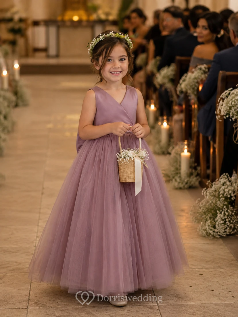 Water Melon V-neck Sleeveless A-line Tulle Pleated Flowergirl Dress view 9