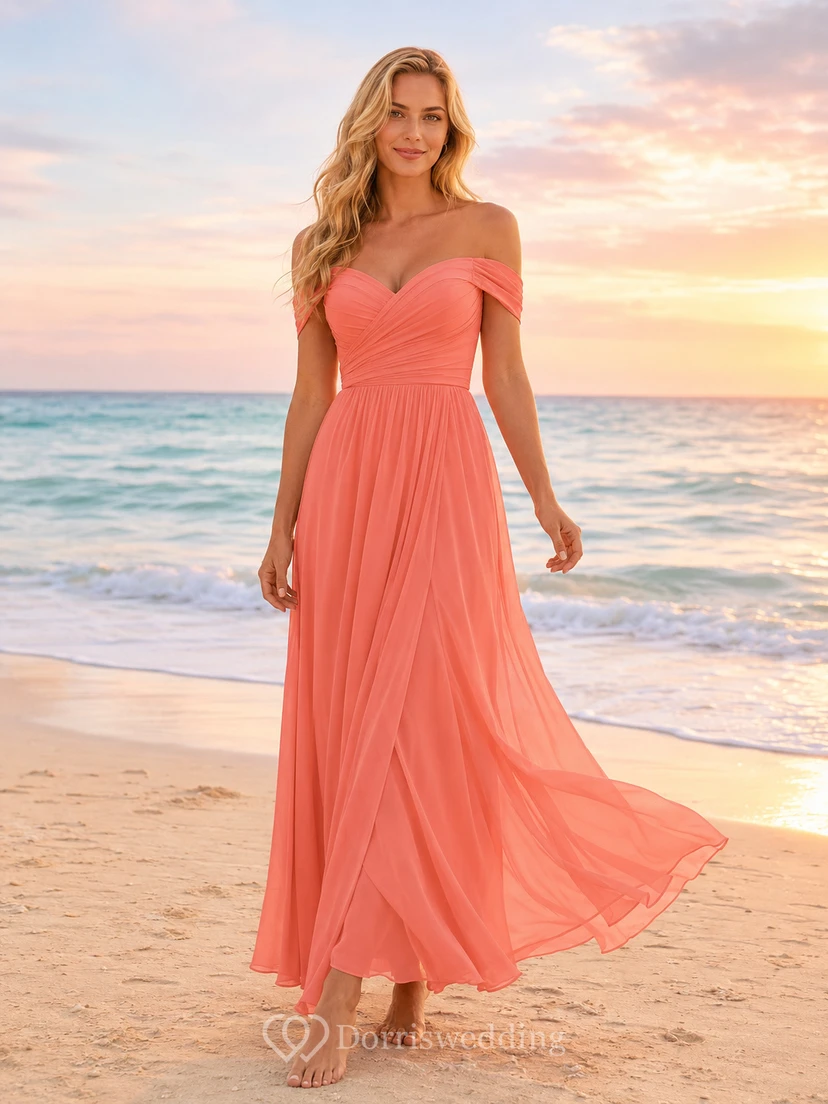 Coral Off Shoulder Chiffon Floor Length A Line Beach Dress