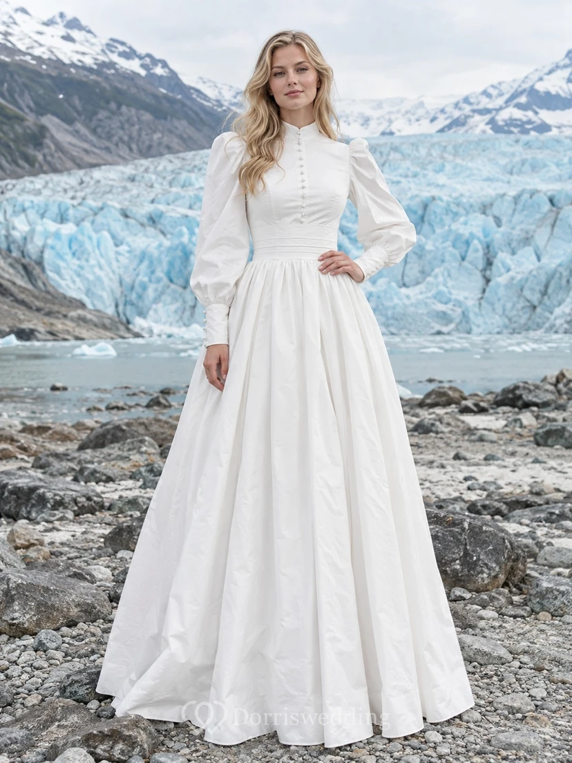 Einfaches, langärmeliges, hochgeschlossenes, A-Linien-Brautkleid aus gewebtem Popeline mit Knöpfen, bodenlang