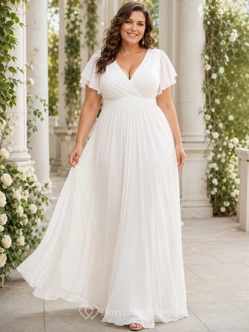 Modest Plus Size Short Sleeve Chiffon V Neck A Line Bridal Wedding Dress