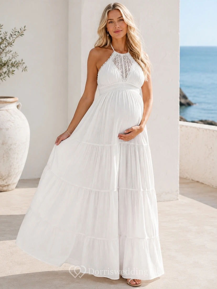 Vestido de maternidad largo hasta el suelo, sin mangas, de gasa blanca con escote halter y corte en A