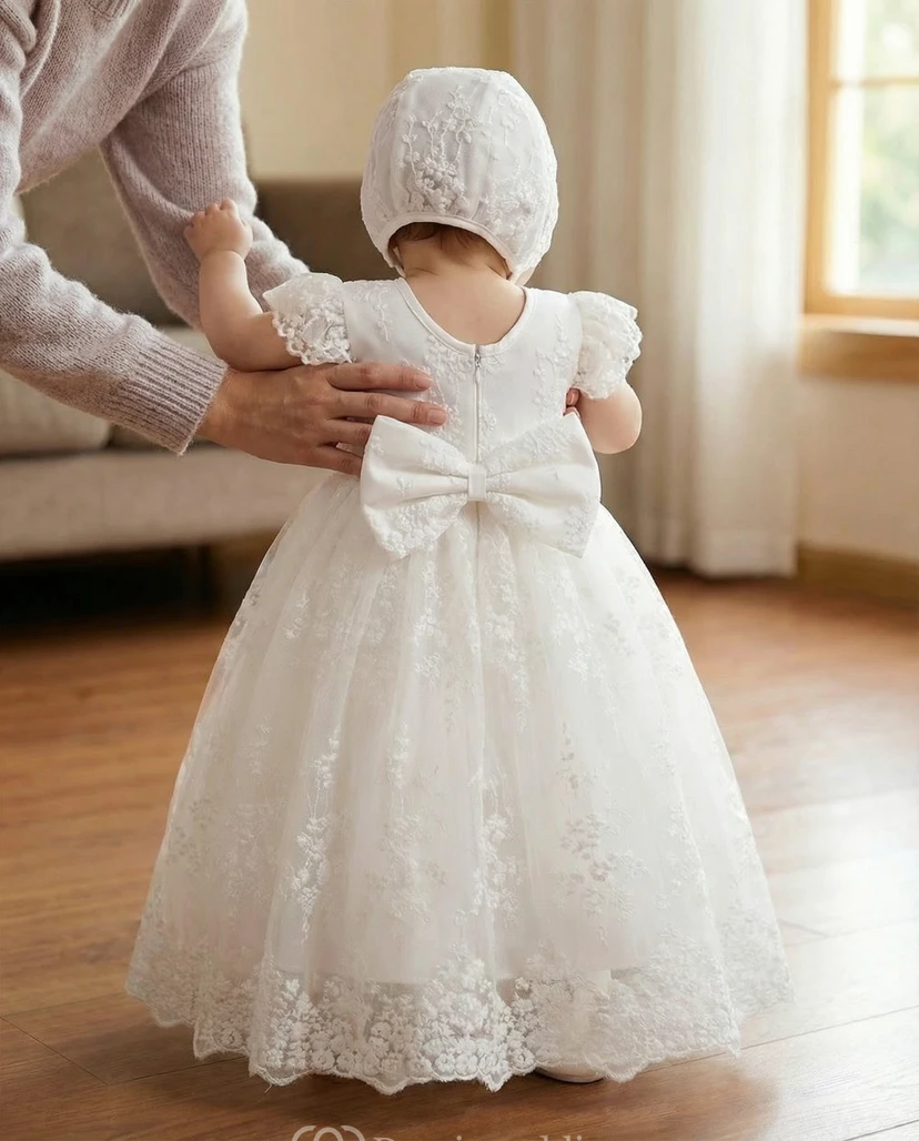Weißes Taufkleid für Blumenmädchen mit Rüschenärmeln und besticktem Tüll view 2