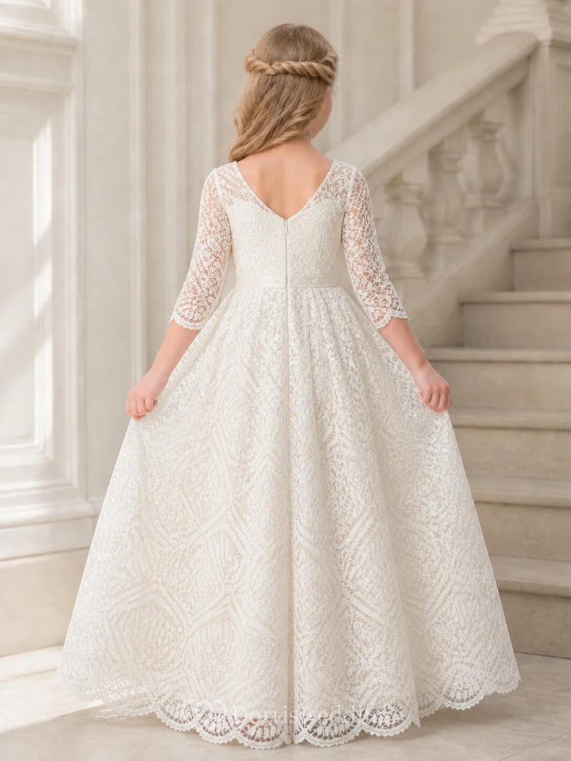 Modest Floor-length Ball Gown Scoop Three-quarter Sleeve Geometric Lace Flowergirl Dress view 2