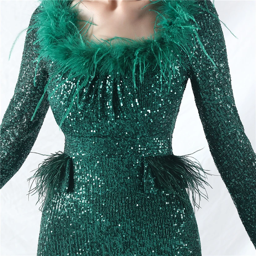 Craft-Made Ostrich Feather Long-Sleeved Beads Evening Dress view 43
