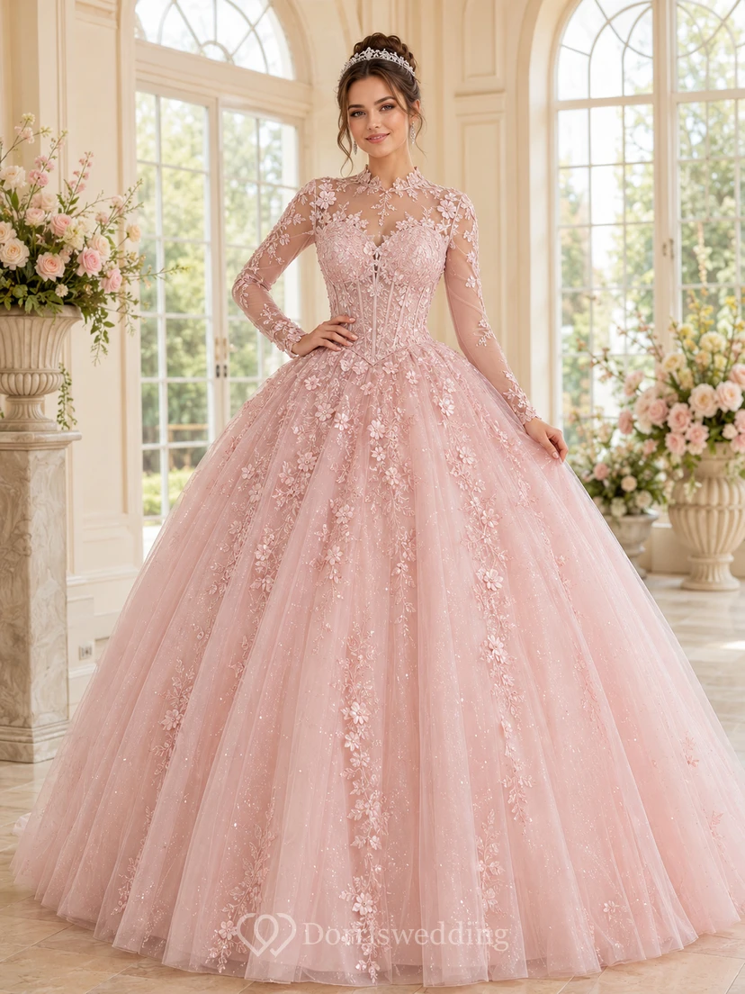 Robe de bal de princesse rose poudré, dos nu, col montant, manches longues, en dentelle, pour quinceañera.