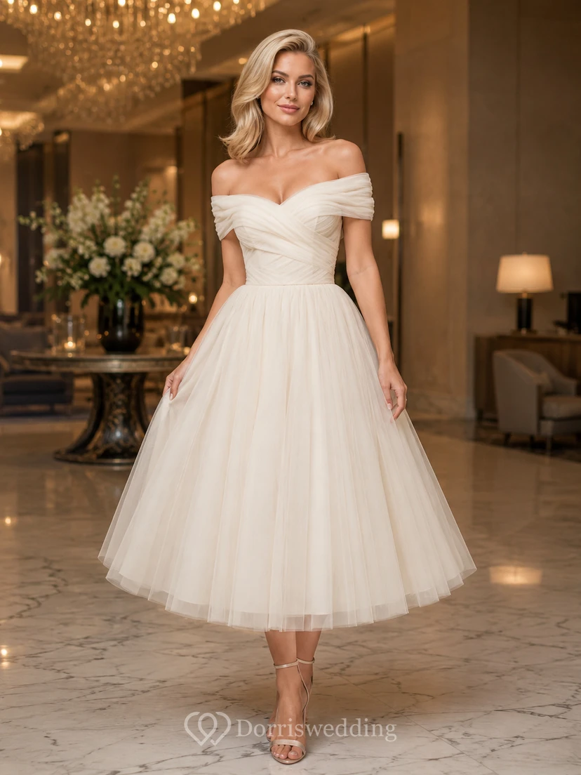 Elfenbeinfarbenes, schulterfreies Tüllkleid in A-Linie mit Herzausschnitt für romantische Cocktailpartys