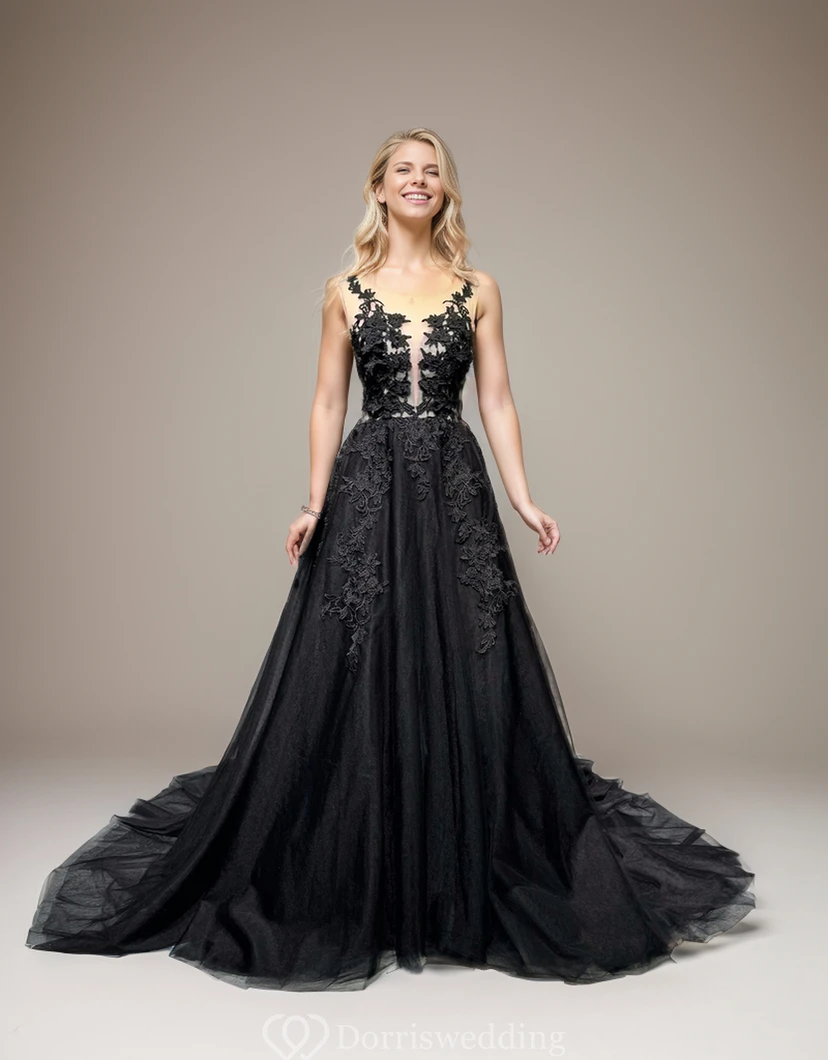 Schwarzes, elegantes Abendkleid in Übergröße im Gothic-Stil für Strandhochzeiten mit Spitze