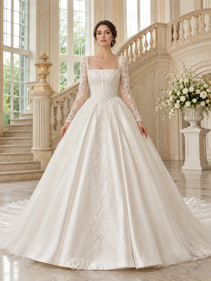 Vestido de novia clásico de corte princesa con escote cuadrado y mangas largas.