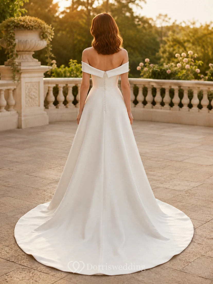 Brautkleid aus Satin, A-Linie, schulterfrei, kurze Ärmel, Kapellenschleppe, tiefer V-Ausschnitt am Rücken view 2