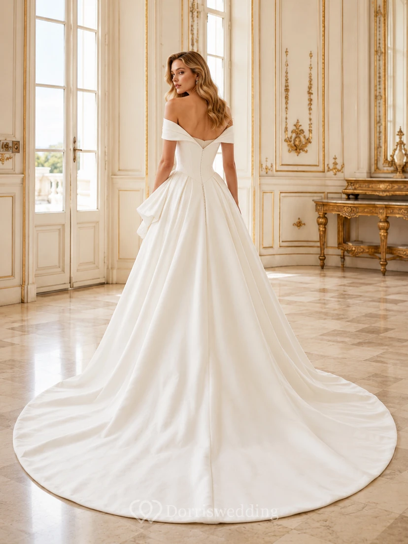 Robe de mariée structurée en satin plissé à épaules dénudées et traîne chapelle view 2