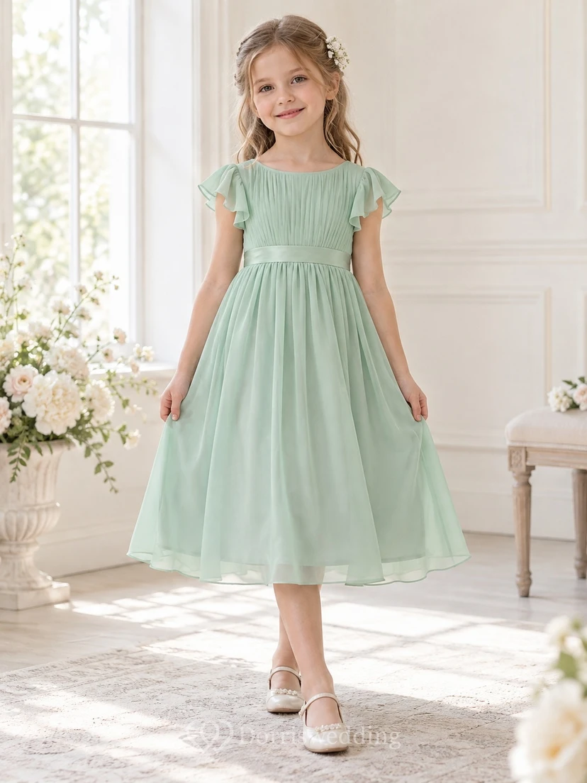 Tea-length Celadon Scoop Neck Flutter Sleeve Ruched Chiffon Flower Girl Dress
