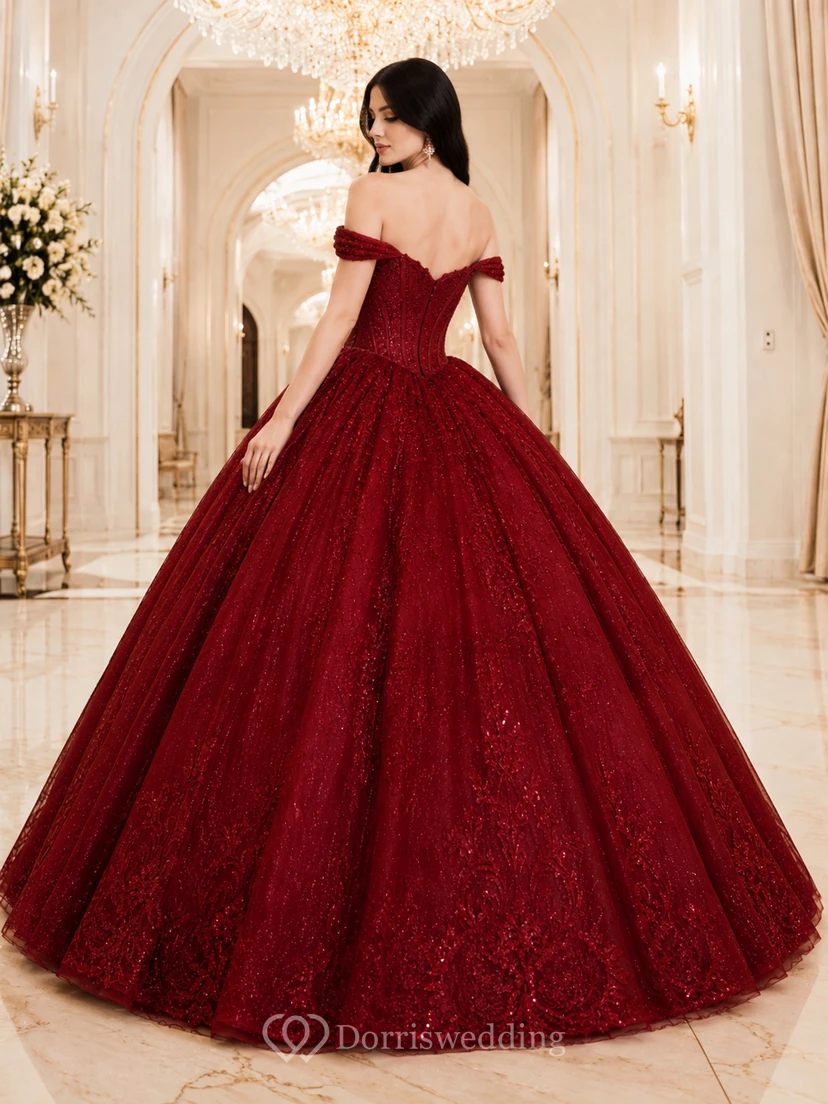 Lujoso vestido de fiesta largo hasta el suelo de tul con encaje floral y hombros descubiertos color borgoña para quinceañera view 2