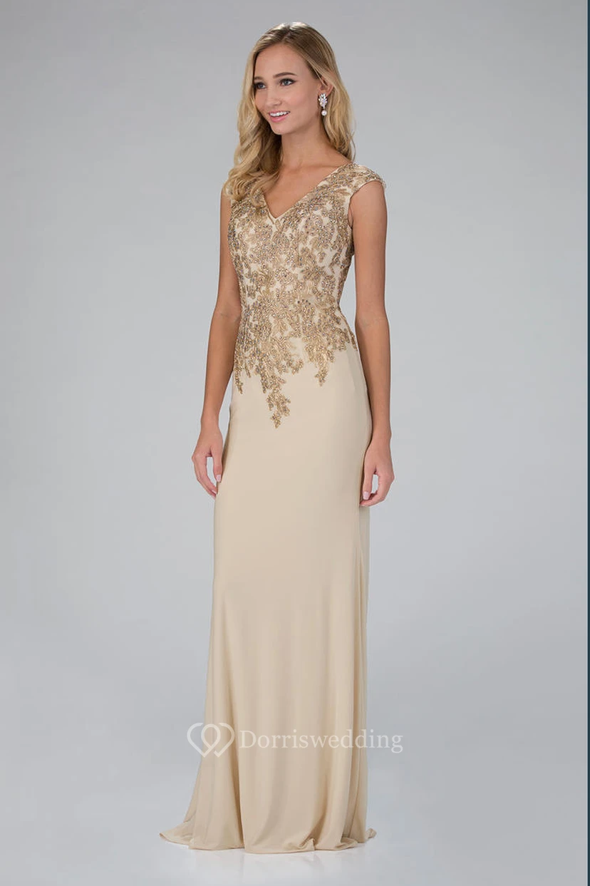 Sheath Floor-Length V-Neck Cap-Sleeve Jersey Illusion Dress With Beading