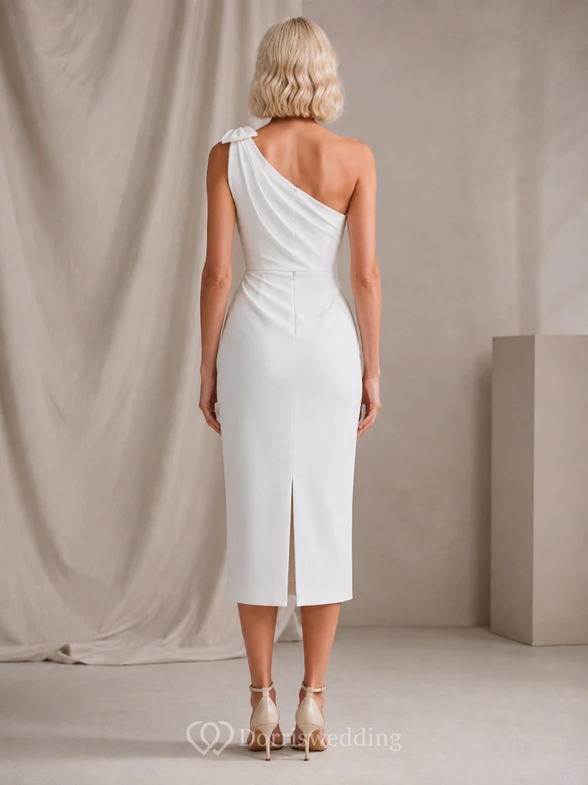 White Draped One-Shoulder Sleeveless Sheath Knee-Length Modern Cocktail Dress view 2