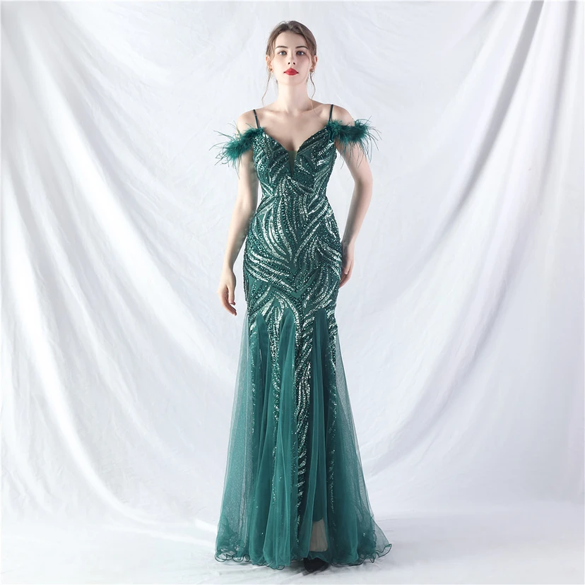 Crafted Ostrich Feather Stacked Sequins Splicing Mesh Gauze High-End Evening Dress Clothes view 21
