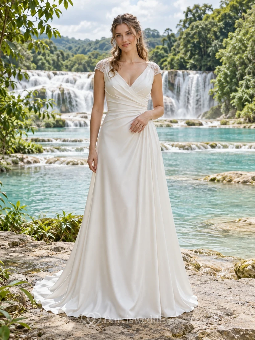 Vestido de novia de charmeuse con escote en V, mangas cortas de encaje y falda en línea A.
