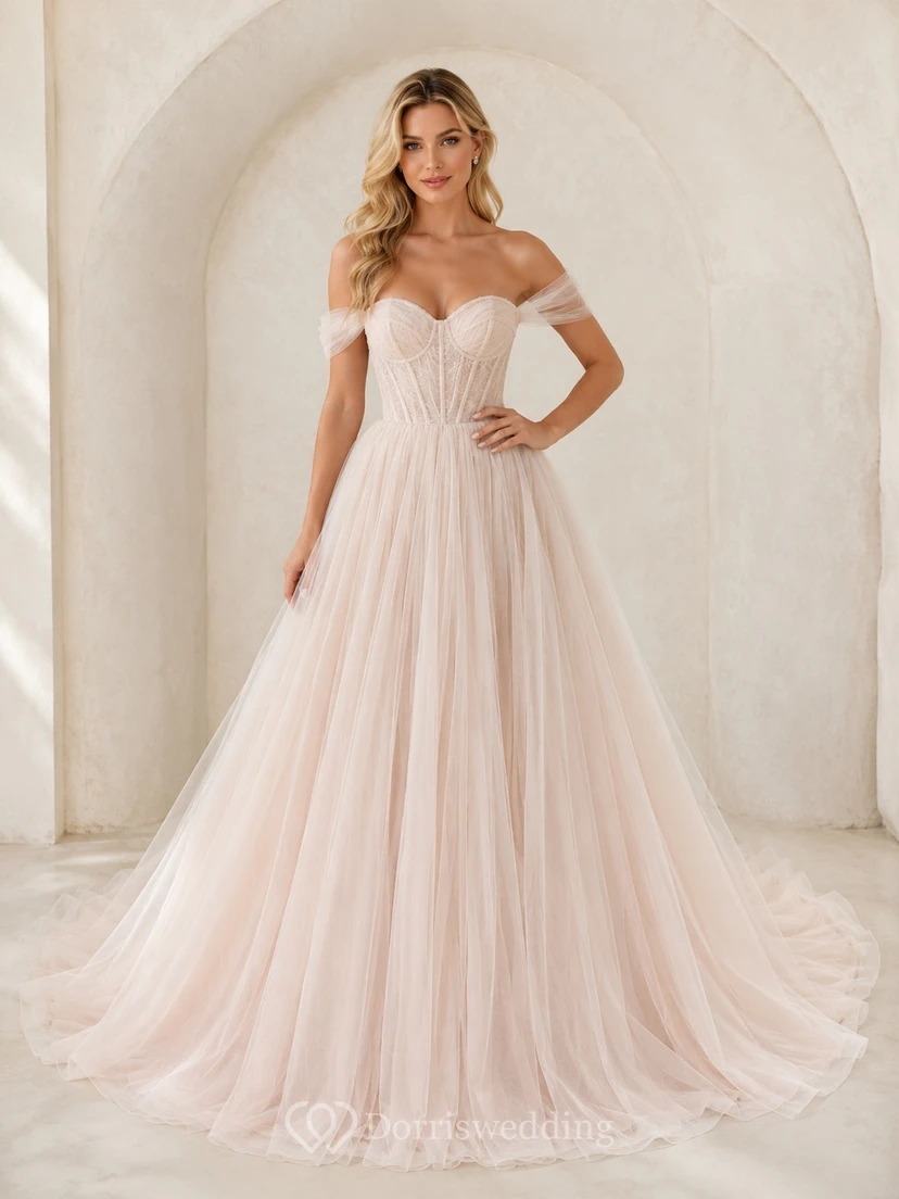 Blush Off-the-Shoulder Sleeveless Corset Tulle A-Line Sweep Train Prom Dress