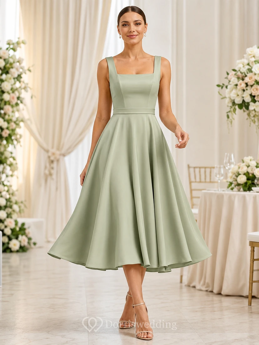 Robe de mariée vert sauge, longueur thé, col carré, coupe trapèze, en satin, boutonnée au dos