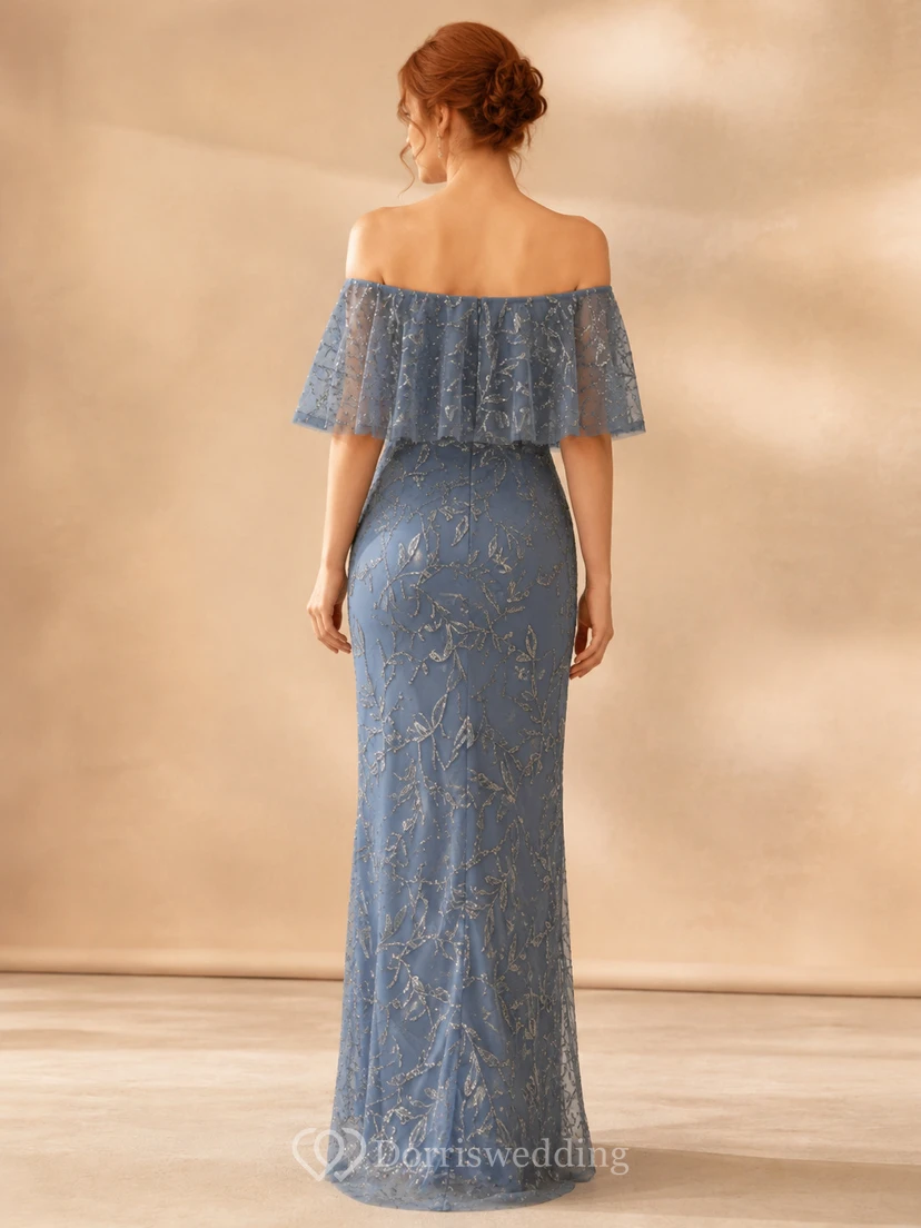 Dusty blue off shoulder lace sheath gown with flounce collar view 2