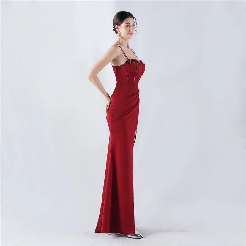 Fishbone Waist Set Crystal Diamond Satin Host Evening Dress view 13