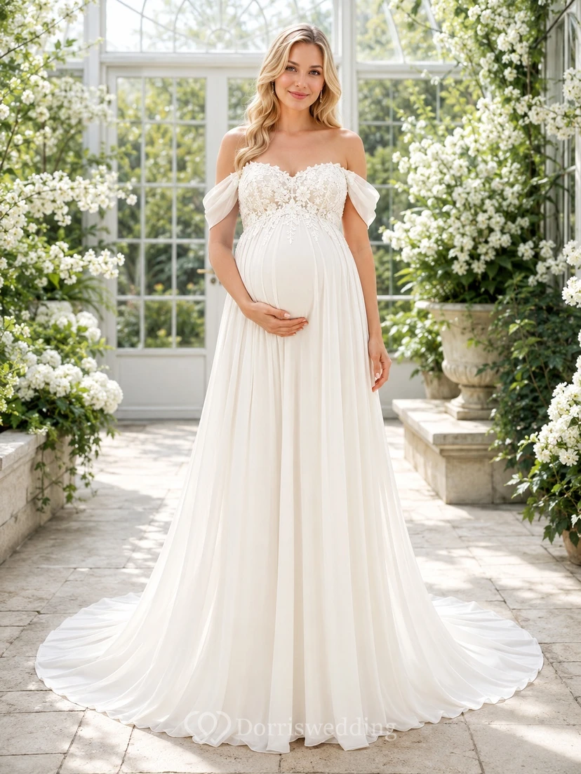 Maternity Off-Shoulder Floral Applique Empire A-Line Chapel Train Romantic Wedding Dress