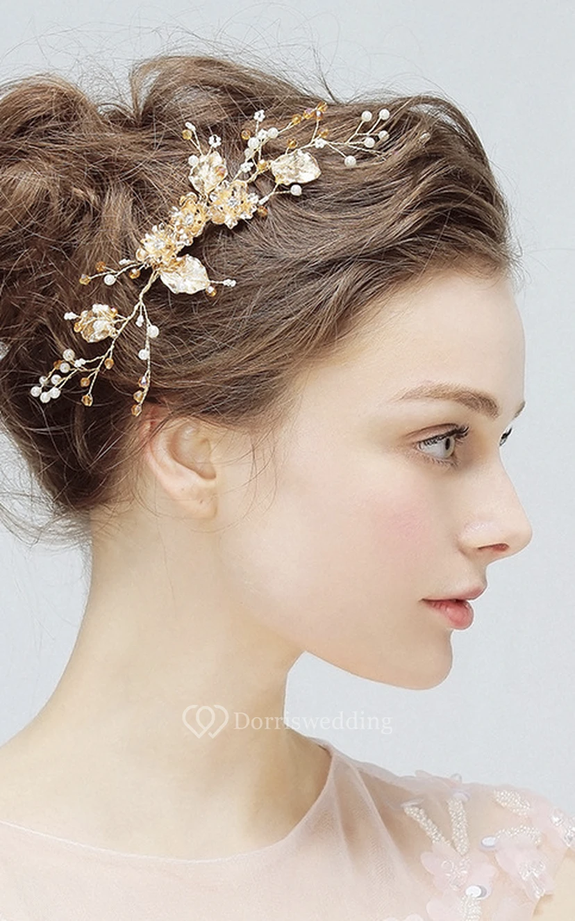 Aesthetic Delicate Gold Flower Rhinestone Crystal Pearl Manual Hair Comb view 3