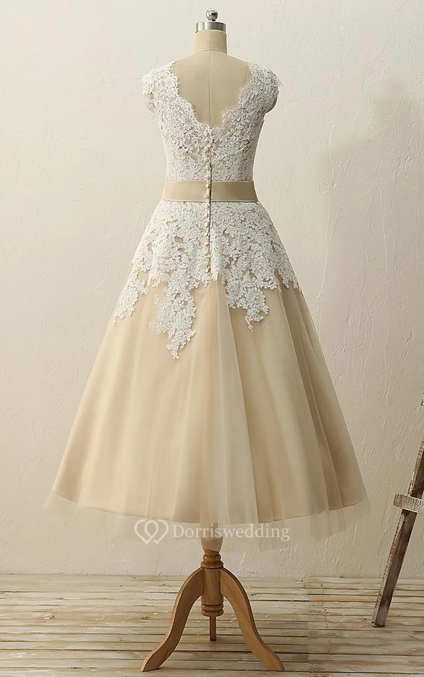 Tea-Length V-neck Zipper Tulle Lace Satin Dress view 2