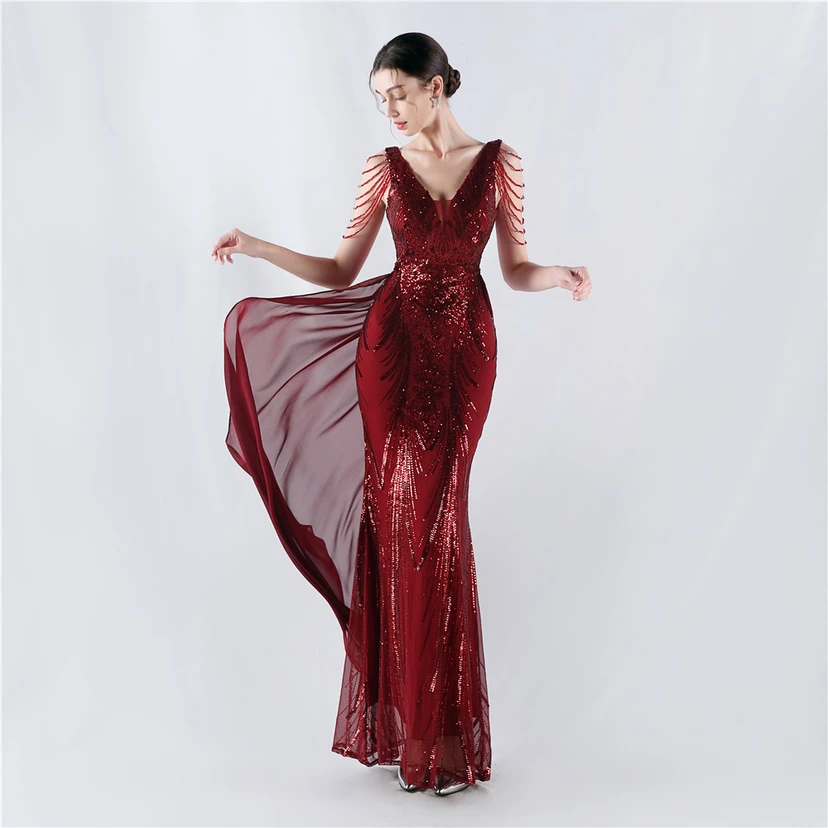 Paillettenbesetzte Blumen mit Cape-Stickerei, hochwertiges Abendkleid, ideal für die Ausrichtung der Jahrestagung view 3