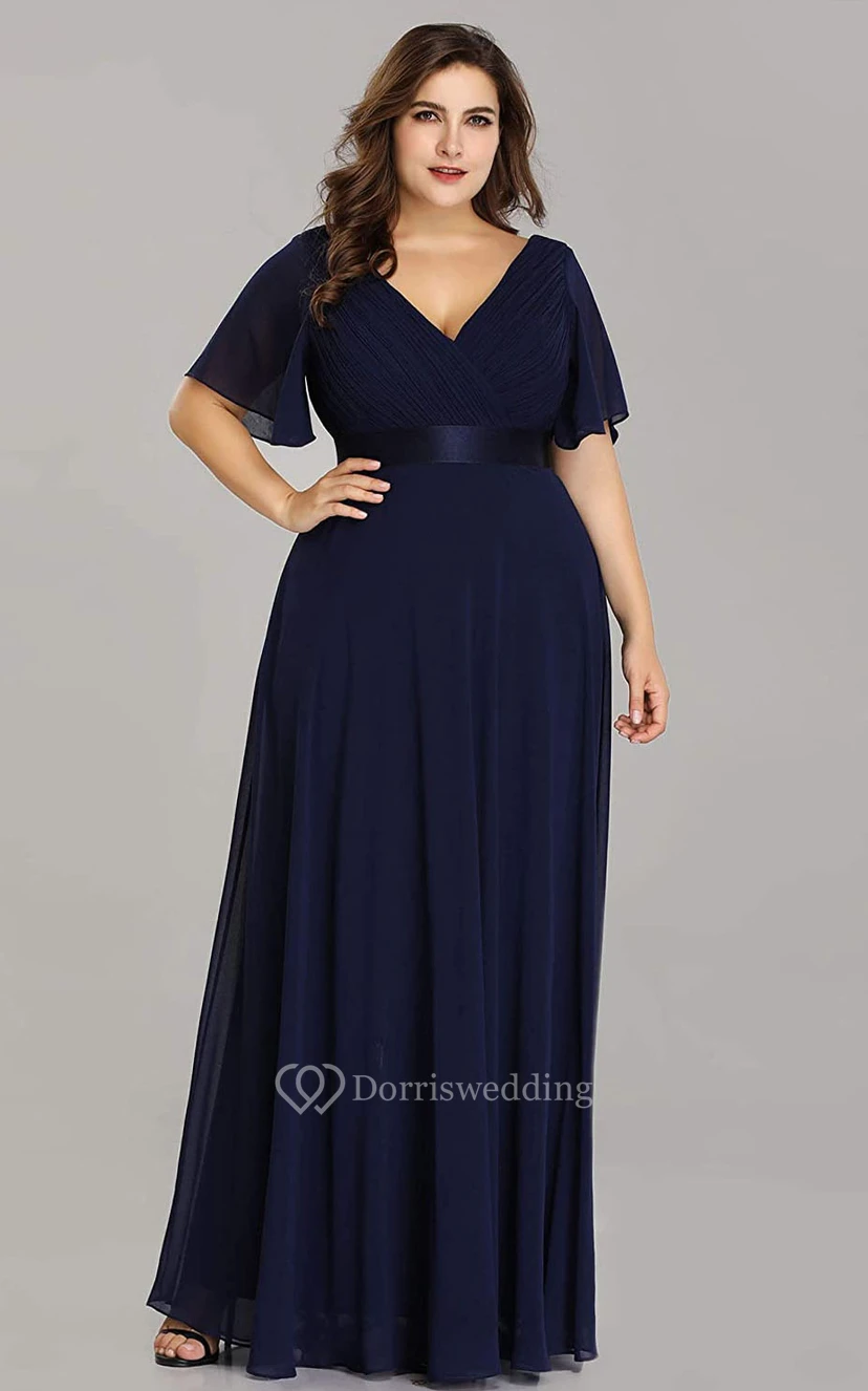 Romantic Chiffon V-neck Half Sleeve A Line Formal Dress With Criss Cross and Ruching view 13