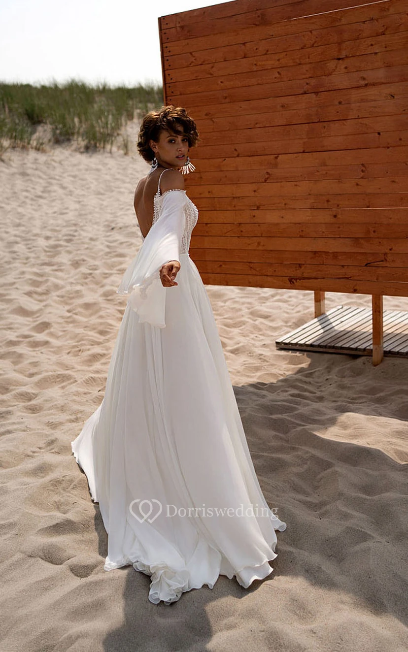Boho Spaghetti Empire Front Split Chiffon Beach Wedding Dress view 2