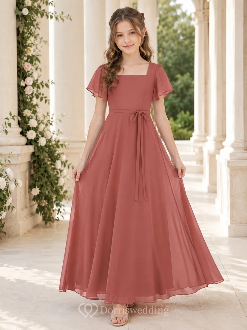 Elegantes braunes Chiffon-Brautjungfernkleid mit Glockenärmeln, quadratischem A-Linien-Schnitt und bodenlanger Silhouette