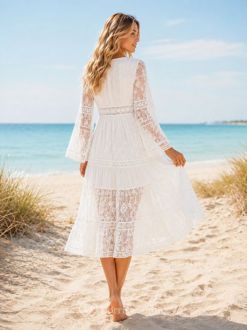 Island Reverie White A-Line Tea-Length V-Neck Long-Sleeve Lace Bohemian Guest Dress view 2