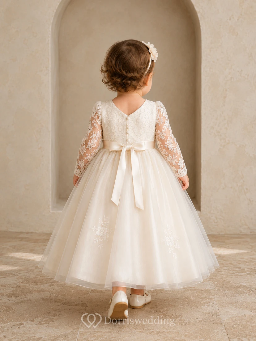Champagne Embroidered Lace Sleeve Baby Baptism A-Line Bow Back Dress view 2