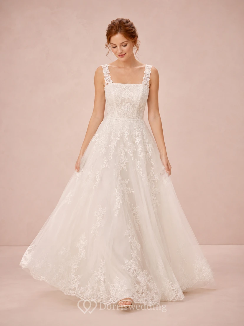 Brautkleid in A-Linie mit eckigem Ausschnitt und Spitzenträgern