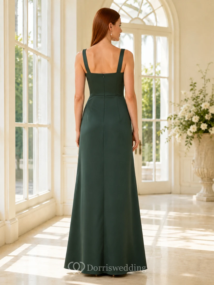 Dark green square neck strap sheath floor gown slit view 2