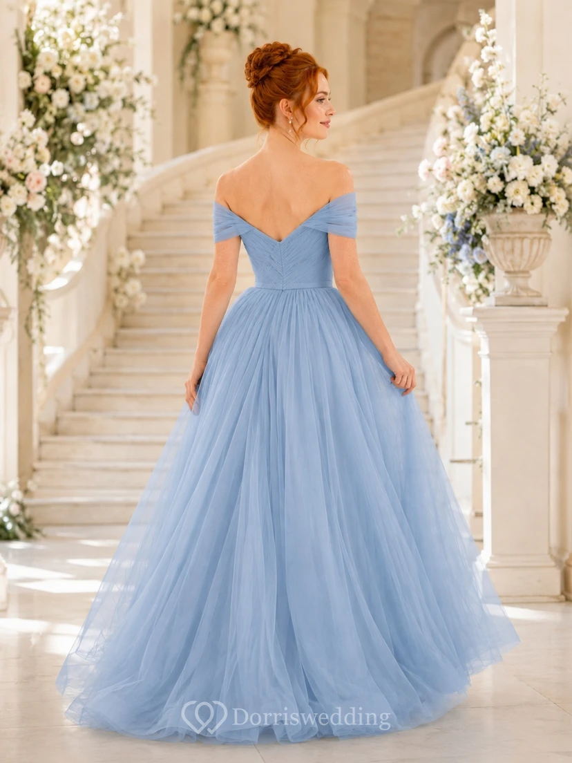 Himmelblaues, schulterfreies Ballkleid mit kurzen Ärmeln, bodenlang view 2