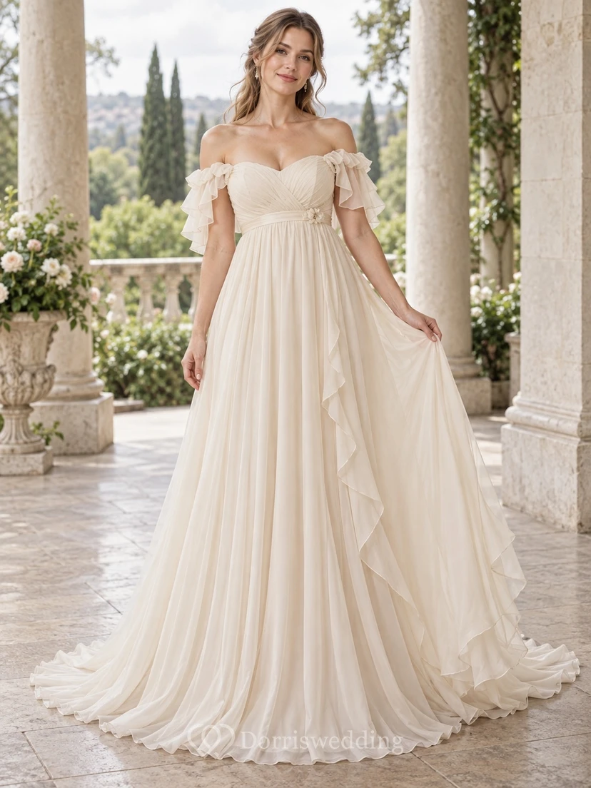 Vestido de novia sencillo de gasa fruncida hasta el suelo, con hombros descubiertos, escote corazón, corte imperio y mangas cortas.