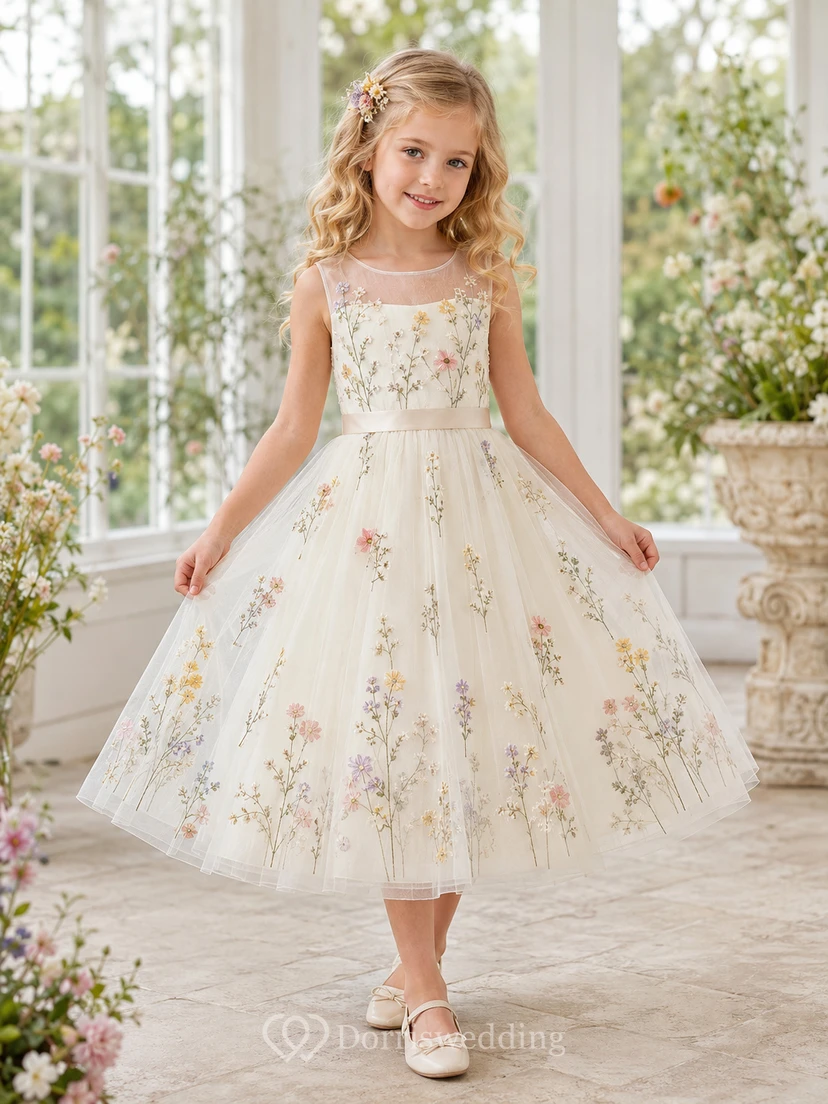A-Linien-Kleid für Blumenmädchen mit gepressten Blüten, kurzen Ärmeln, botanischen Tülldetails, natürlicher Taille und wadenlangem Rock