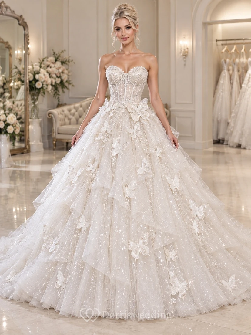 Strapless Sweetheart Wedding Ball Gown with Oversized Butterfly Appliques and Glittering Tulle Layers