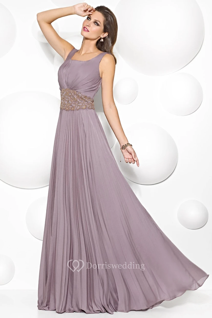A-Line Square-Neck Long Sleeveless Jeweled Chiffon Prom Dress With Pleats