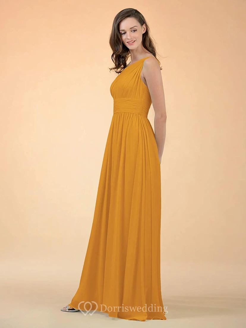 Elegantes, schulterfreies, bodenlanges Chiffon-Brautjungfernkleid in A-Linie mit Raffungen und A-Linien-Schnitt view 6