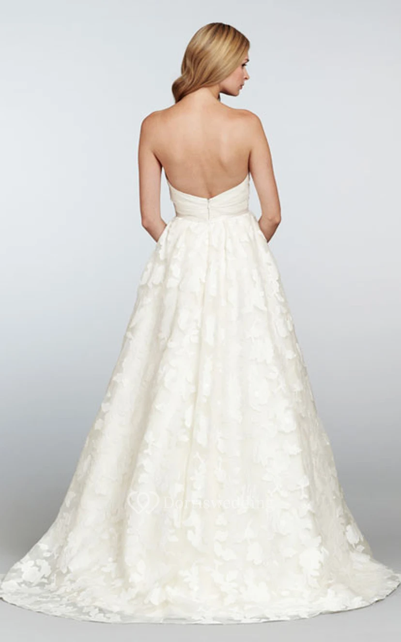 Classic Strapless Draped Bodice Organza Brocade Dress With Bow Detail view 2