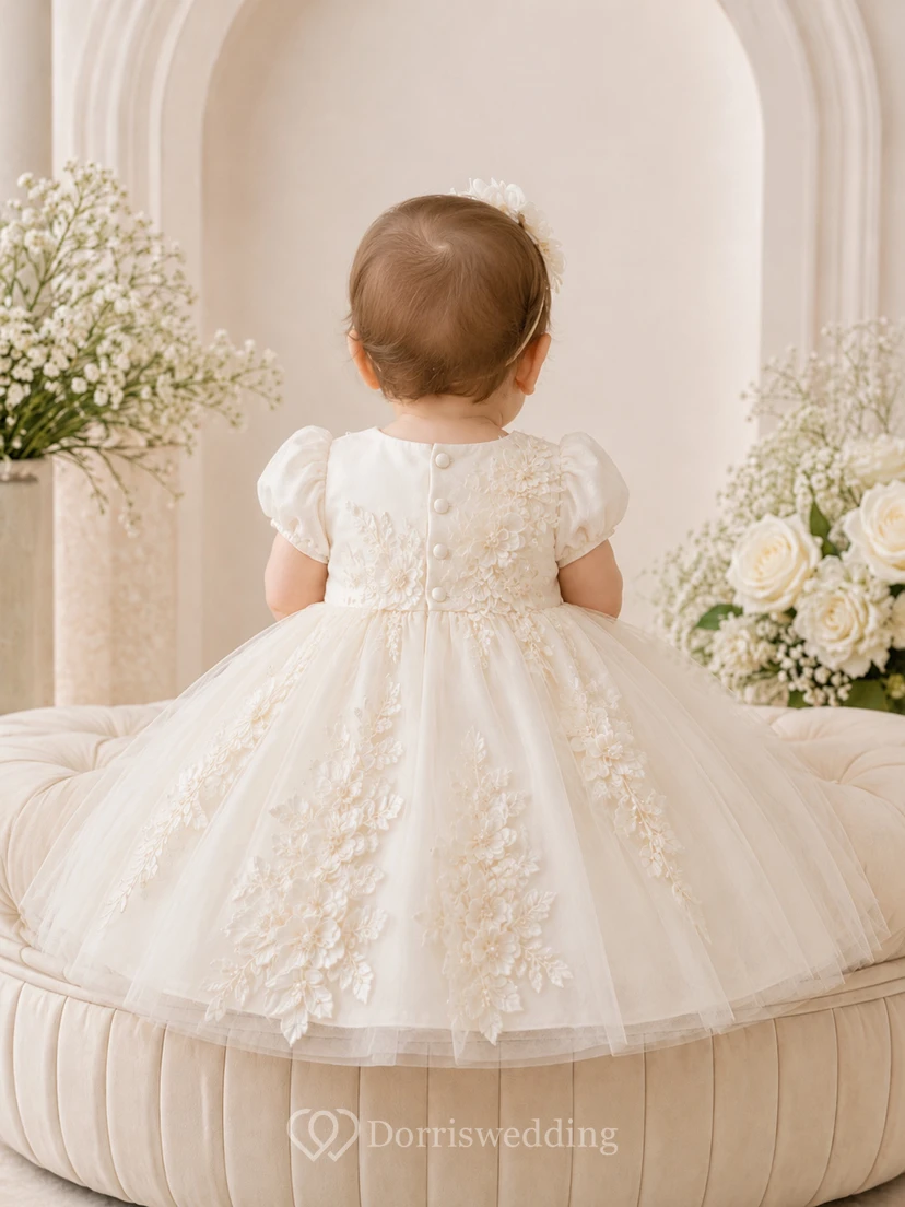 Baby Baptism Christening Ceremony Dress A-Line Knee-Length Jewel Neck Puff Sleeve Tulle Lace 3D Flower Floral Detail Floral Applique Button Back view 2
