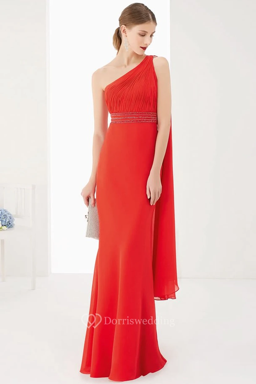 Single Strap Side Drape Sheath Chiffon Long Prom Dress With Empire Waist