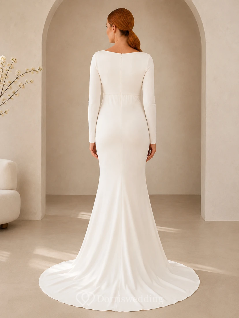 Modest Stretch Satin Wedding Dress Mermaid Bateau Neck Long Sleeve Sweep Train Bridal Gown view 2