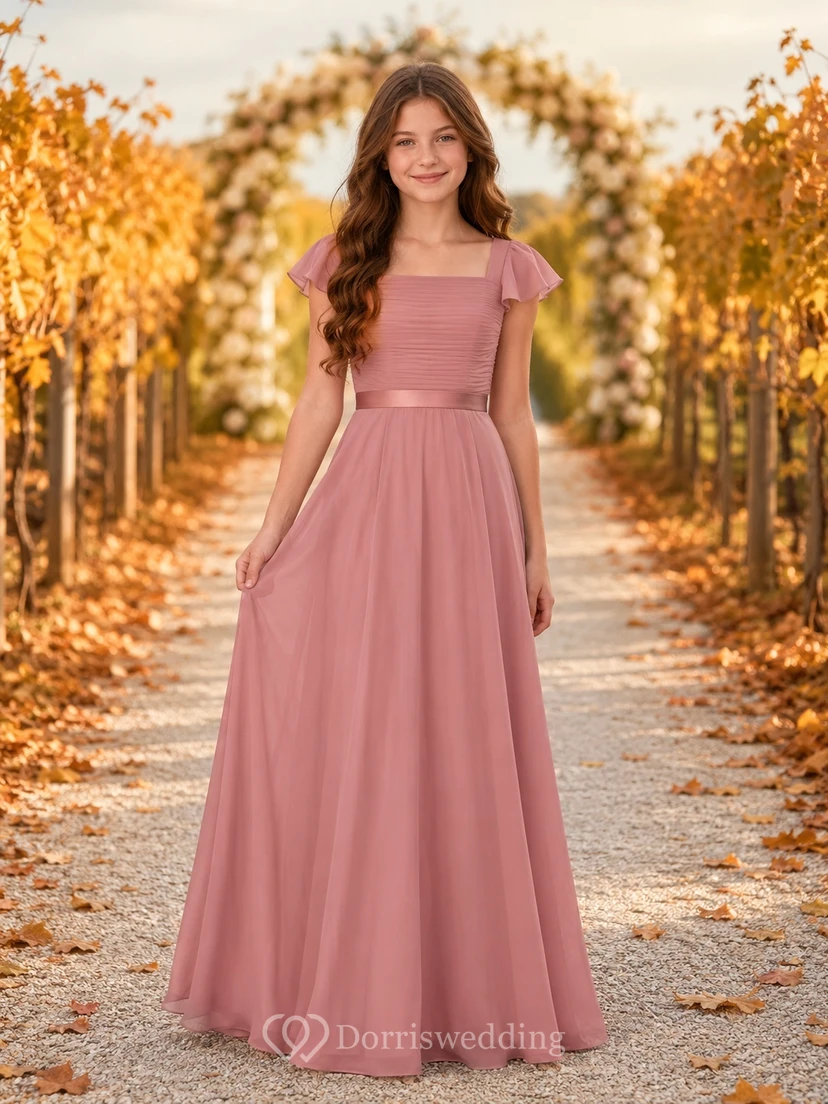 Elegantes Brautjungfernkleid in Altrosa, A-Linie, eckige kurze Ärmel, Chiffon-Oberteil mit Falten